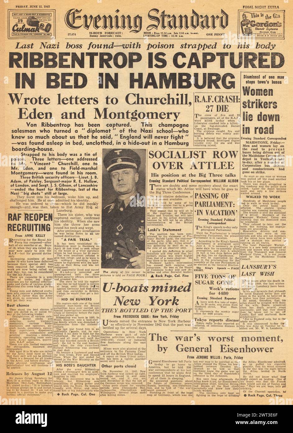 1945 Evening Standard front page reporting capture of von Ribbentrop ...