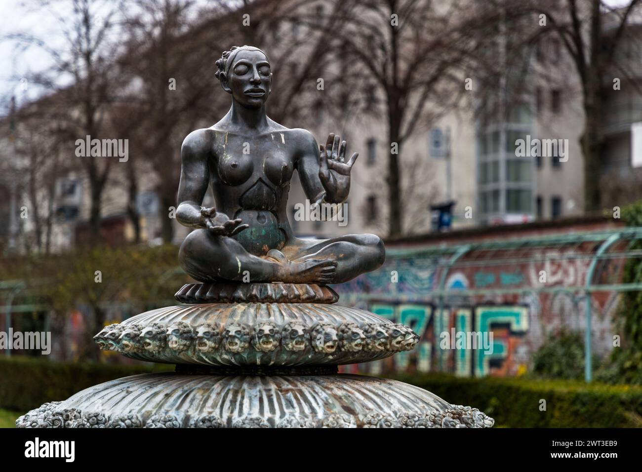 The fountain figure designed by Gerald Matzner on the Indian Fountain at the Engelbecken in Berlin is also known colloquially by Berliners as the female Buddha, Berlin, Germany Stock Photo