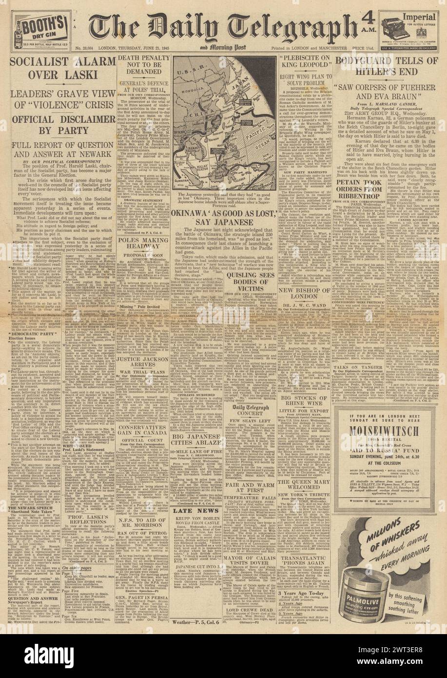 1945 The Daily Telegraph front page reporting General Election, John Wand is named new Bishop of London, battle of Okinawa and burning of Adolf Hitlers body Stock Photo