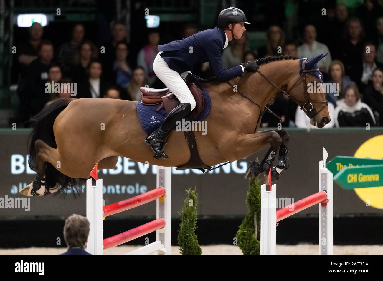 Denbosch, Netherlands - March 10, 2024. Ben Maher of Great Britain and riding Enjeu de Grisien competes in the 1.60m Rolex Grand Prix at the 2024 Role Stock Photo