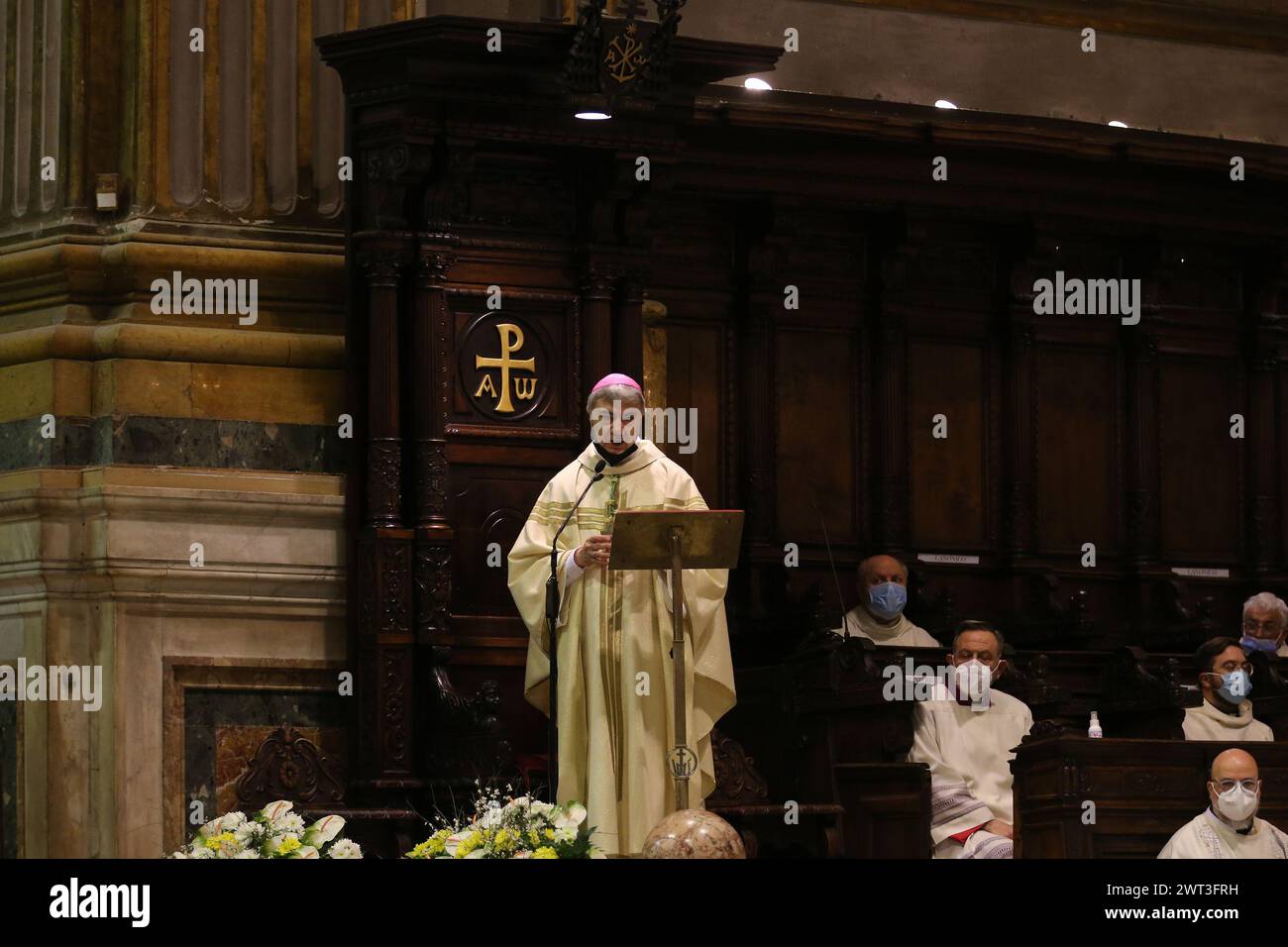Domenico Battaglia, the new bishop of Naples, inside the cathedral during the solemn mass. Stock Photo