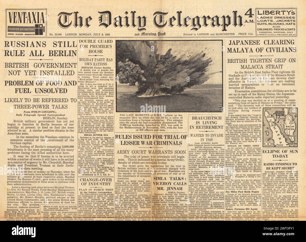 1945 The Daily Telegraph front page reporting Food and fuel problems in ...