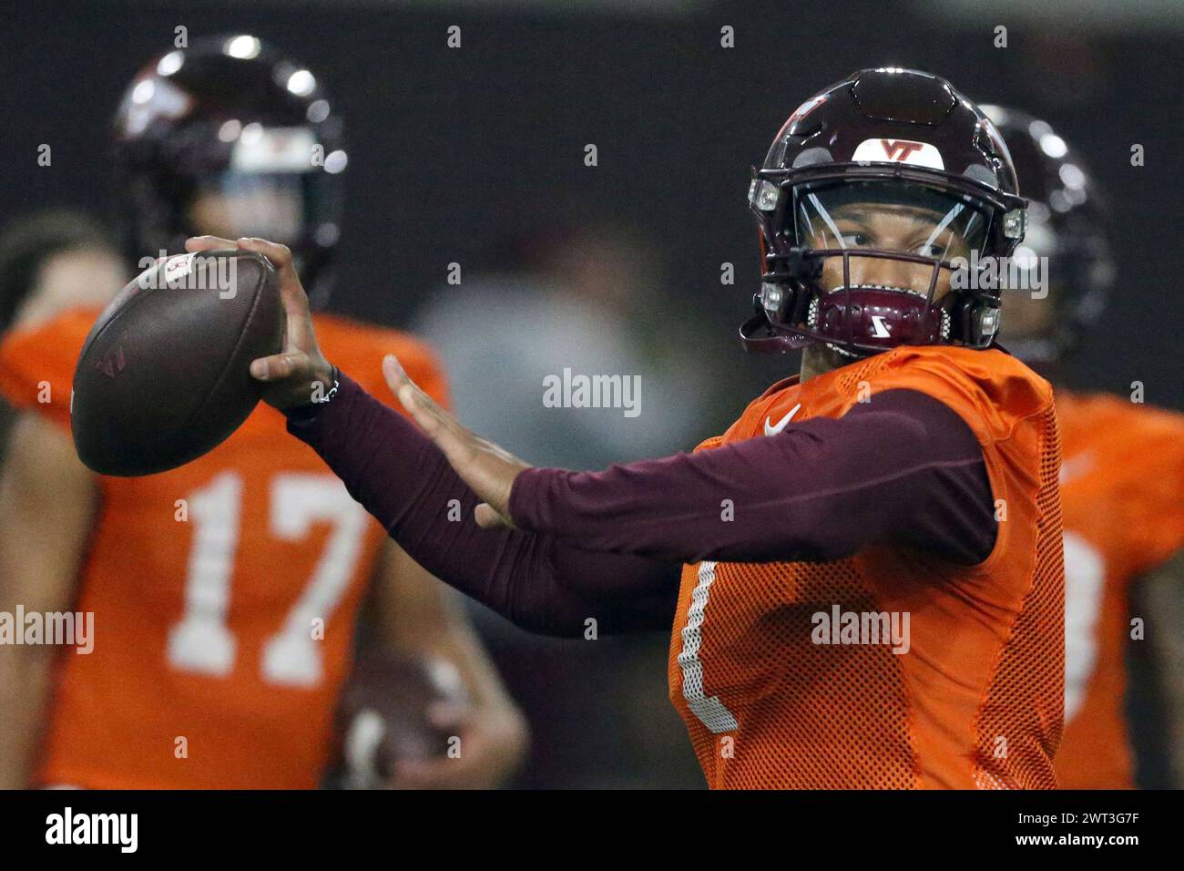 Virginia Tech quarterback Kyron Drones (1) throiws during NCAA college
