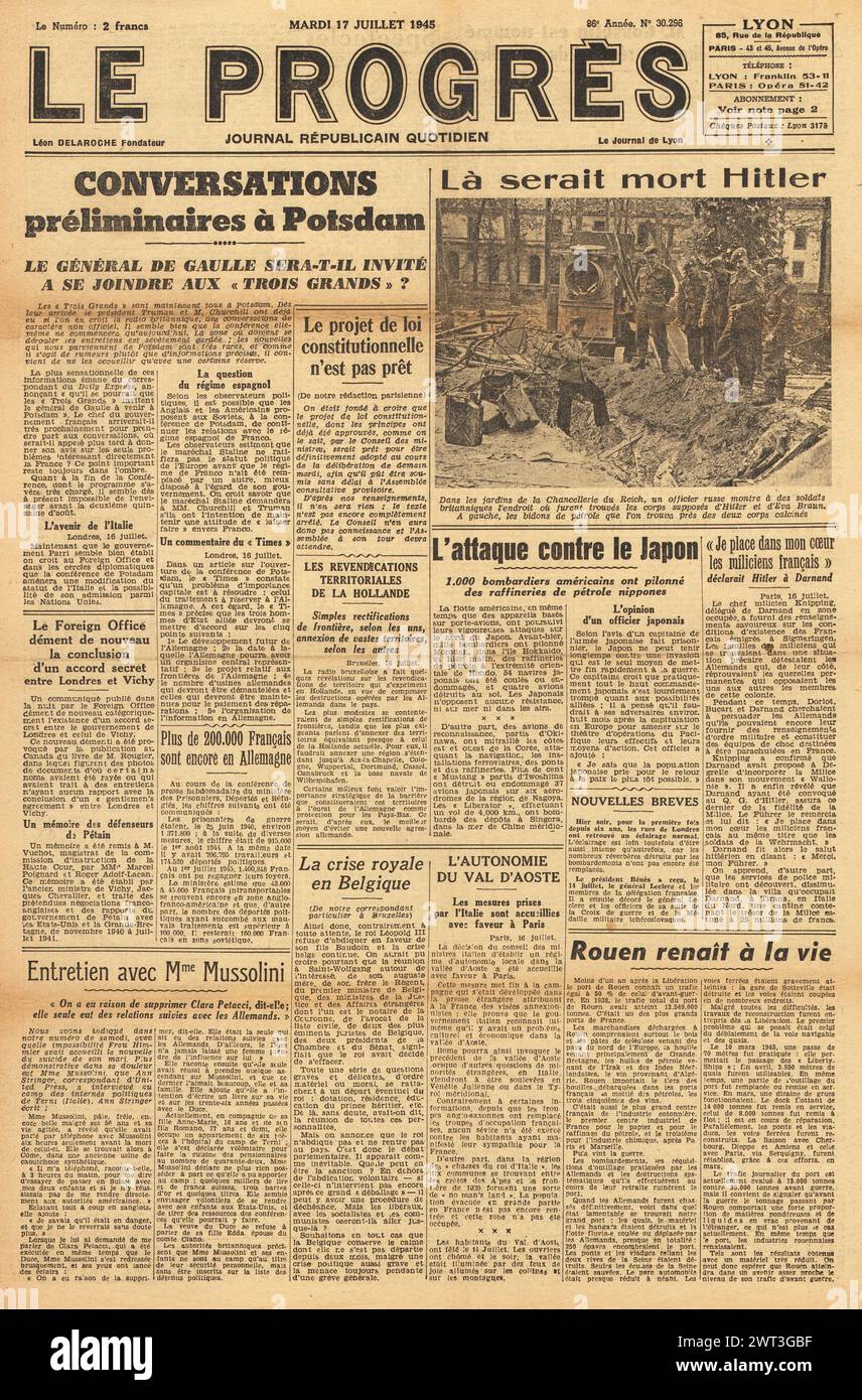 1945 Le Progres front page reporting Potsdam Conference, death of Adolf Hitler and Heavy bombing of Japan Stock Photo