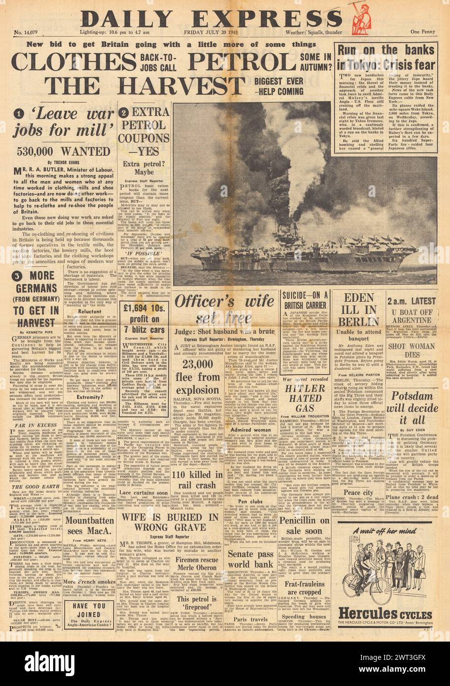 1945 Daily Express front page reporting Kamikaze attack on HMS Formidable and Ministry of Labour call on men and women to return to mills and factories Stock Photo