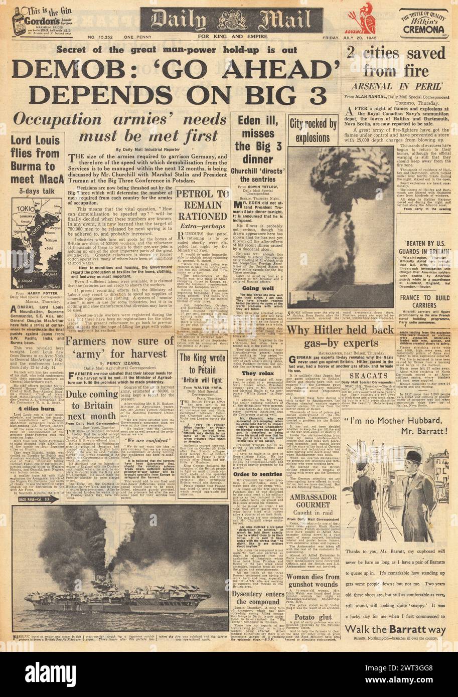 1945 Daily Mail front page reporting Potsdam Conference, Demobilisation plans, munitions depot explosion in Halifax Nova Scotia and Kamikaze attack on HMS Formidable Stock Photo