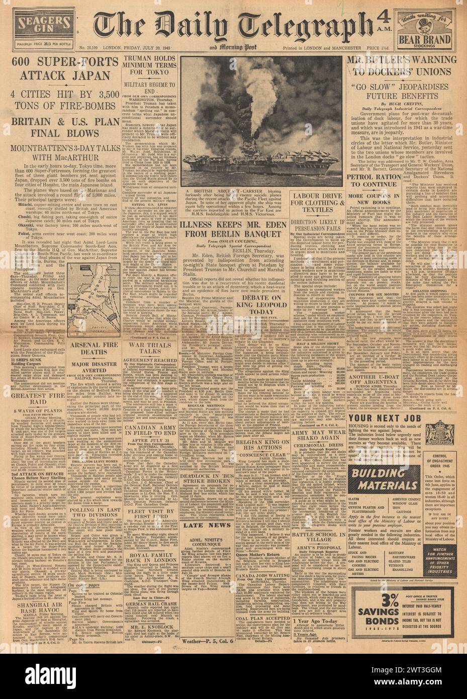 1945 The Daily Telegraph front page reporting US Air Force bomb Japan, Kamikaze attack on HMS Formidable, Potsdam Conference, munitions depot explosion in Halifax Nova Scotia and Anthony Eden ill in Berlin Stock Photo