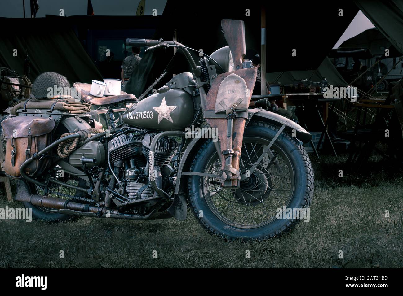 US army World War 2 Harley Davidson motorcycle fully kitted out with army equipment Stock Photo