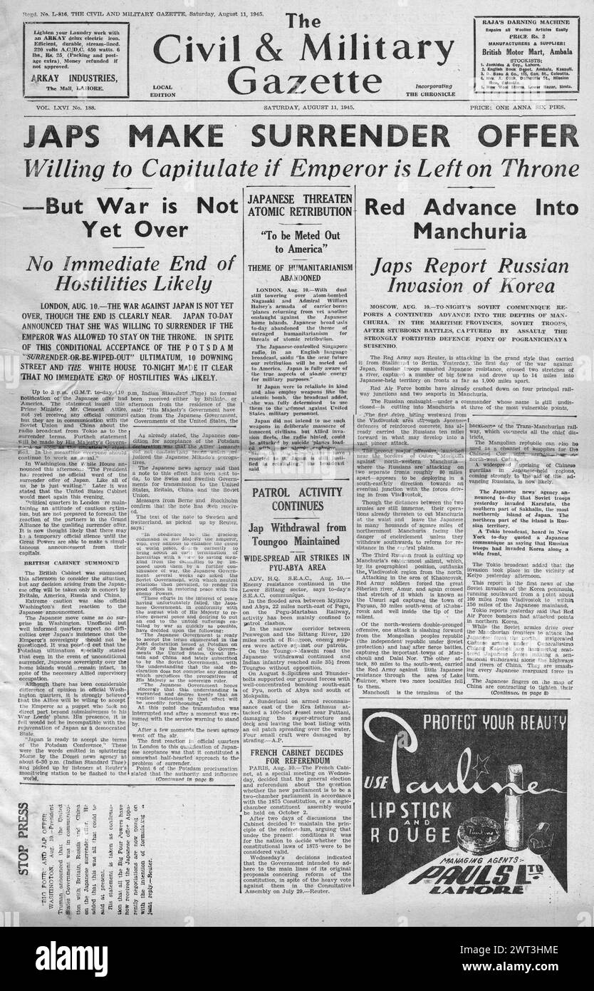1945 The Civil and Military Gazette front page reporting Surrender offer by Japan and Red Army advance in Manchuria Stock Photo