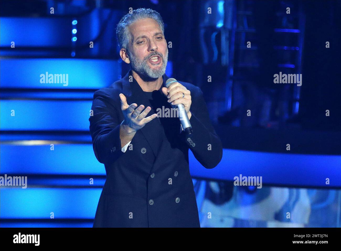 The singer and actor Beppe Fiorello during the TV show Una Storia Da Cantare, in the Rai auditorium in Naples. Stock Photo