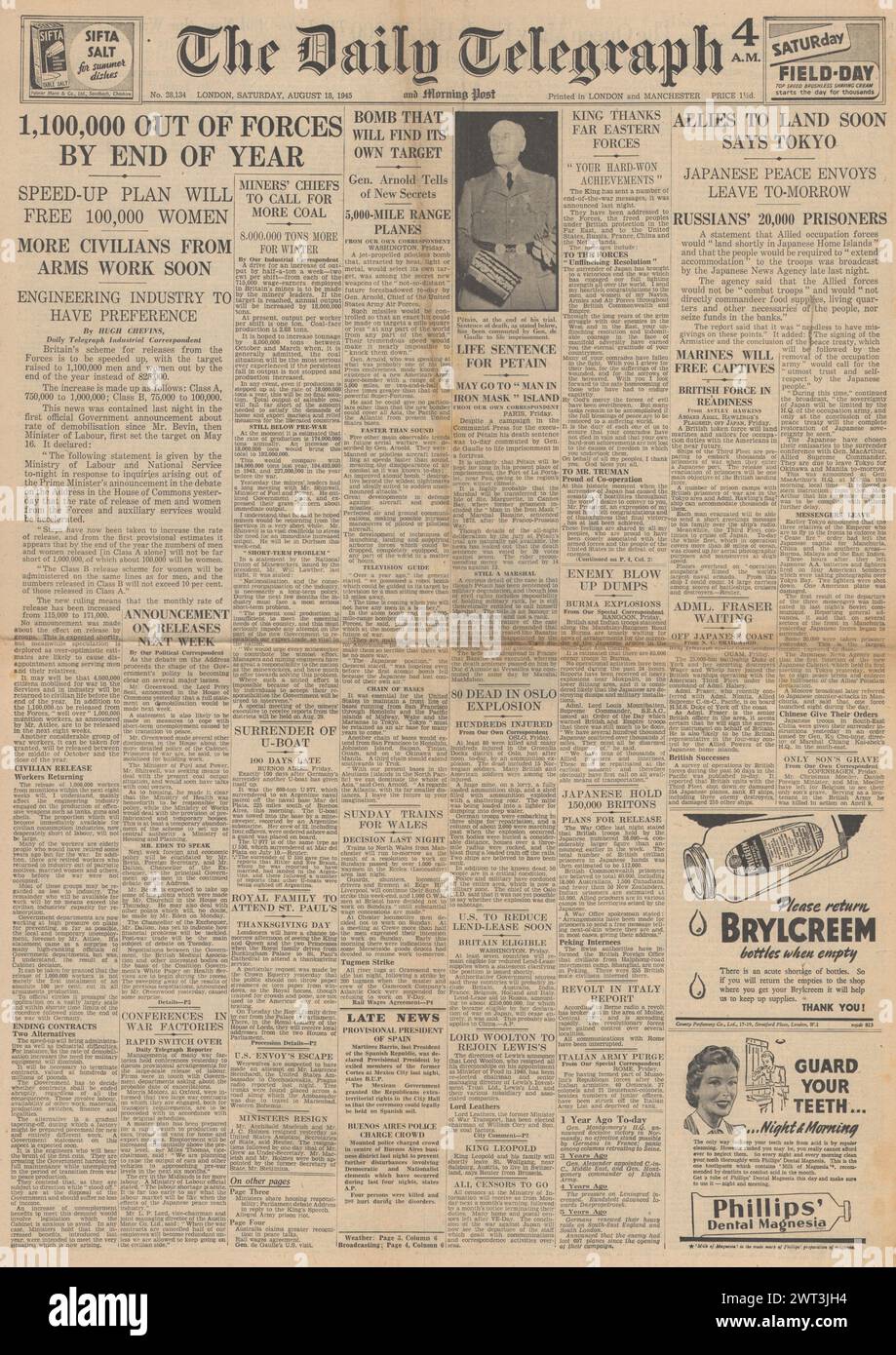 1945 The Daily Telegraph front page reporting Demobilisation programme ...