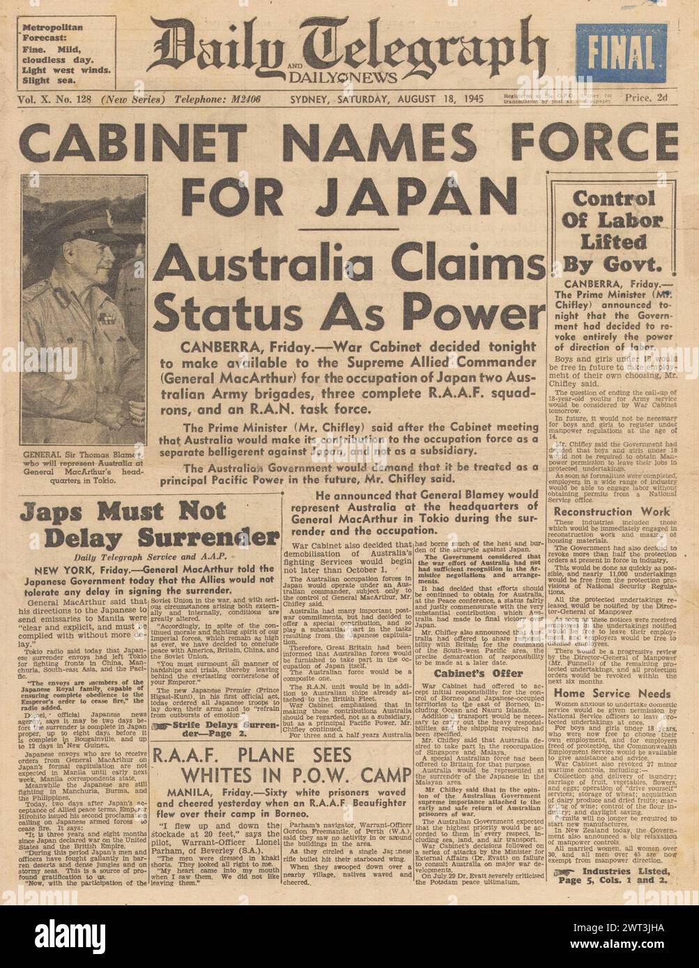 1945 The Daily Telegraph front page reporting Australian troops occupy ...