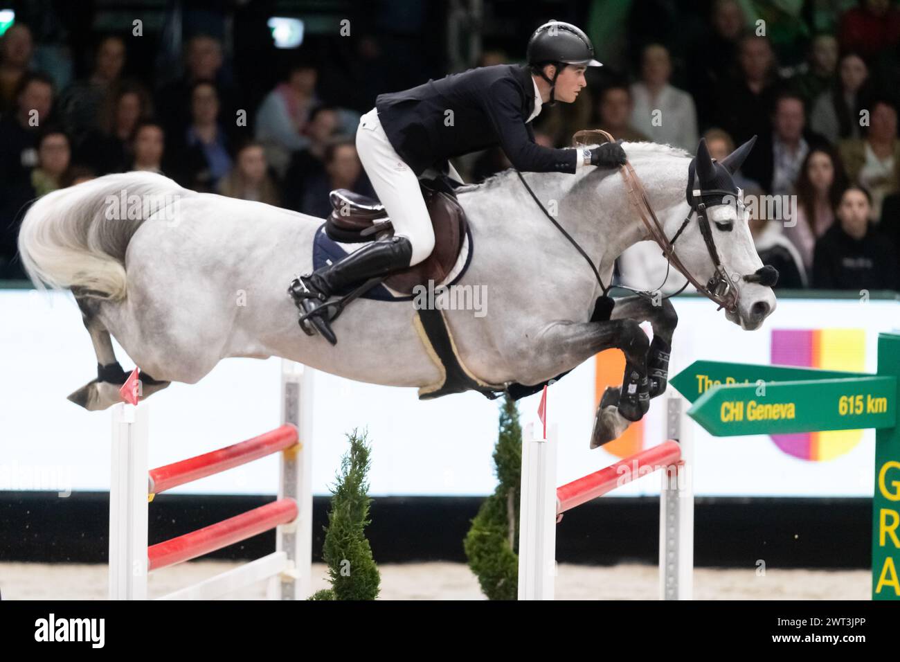 Denbosch, Netherlands - March 10, 2024. Robert Murphy of Great Britain riding Catch-Me Van Berkenbroeck competes in the 1.60m Rolex Grand Prix at the Stock Photo