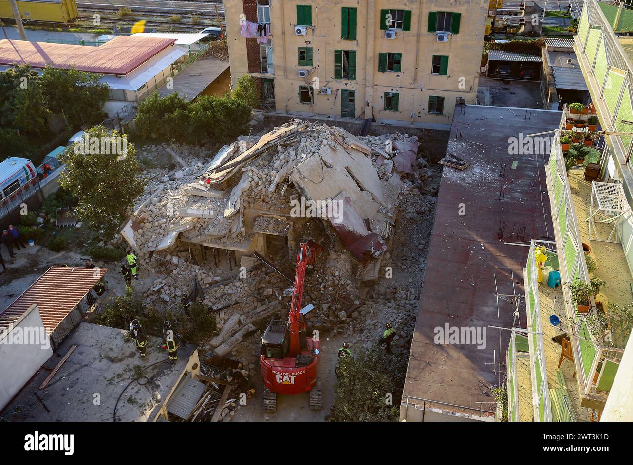 A top view of the completely collapsed building in San Felice Cancello, in the province of Caserta, following an explosion due to a gas leak. All the Stock Photo