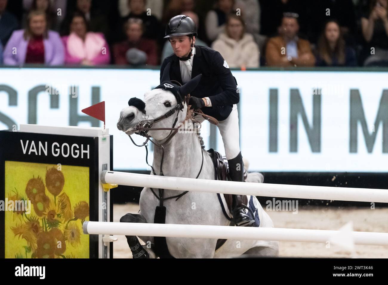 Denbosch, Netherlands - March 10, 2024. Robert Murphy of Great Britain riding Catch-Me Van Berkenbroeck competes in the 1.60m Rolex Grand Prix at the Stock Photo