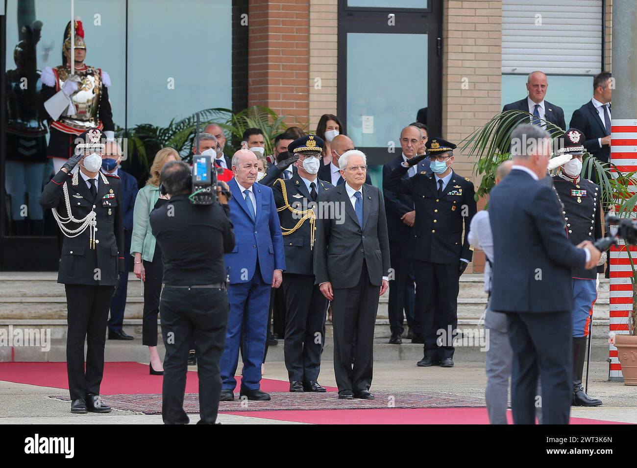 The president of Algeria, Abdelmadjid Tebboune (left), departing from Naples, arrives at the Capodichino airport for the military honors, together wit Stock Photo