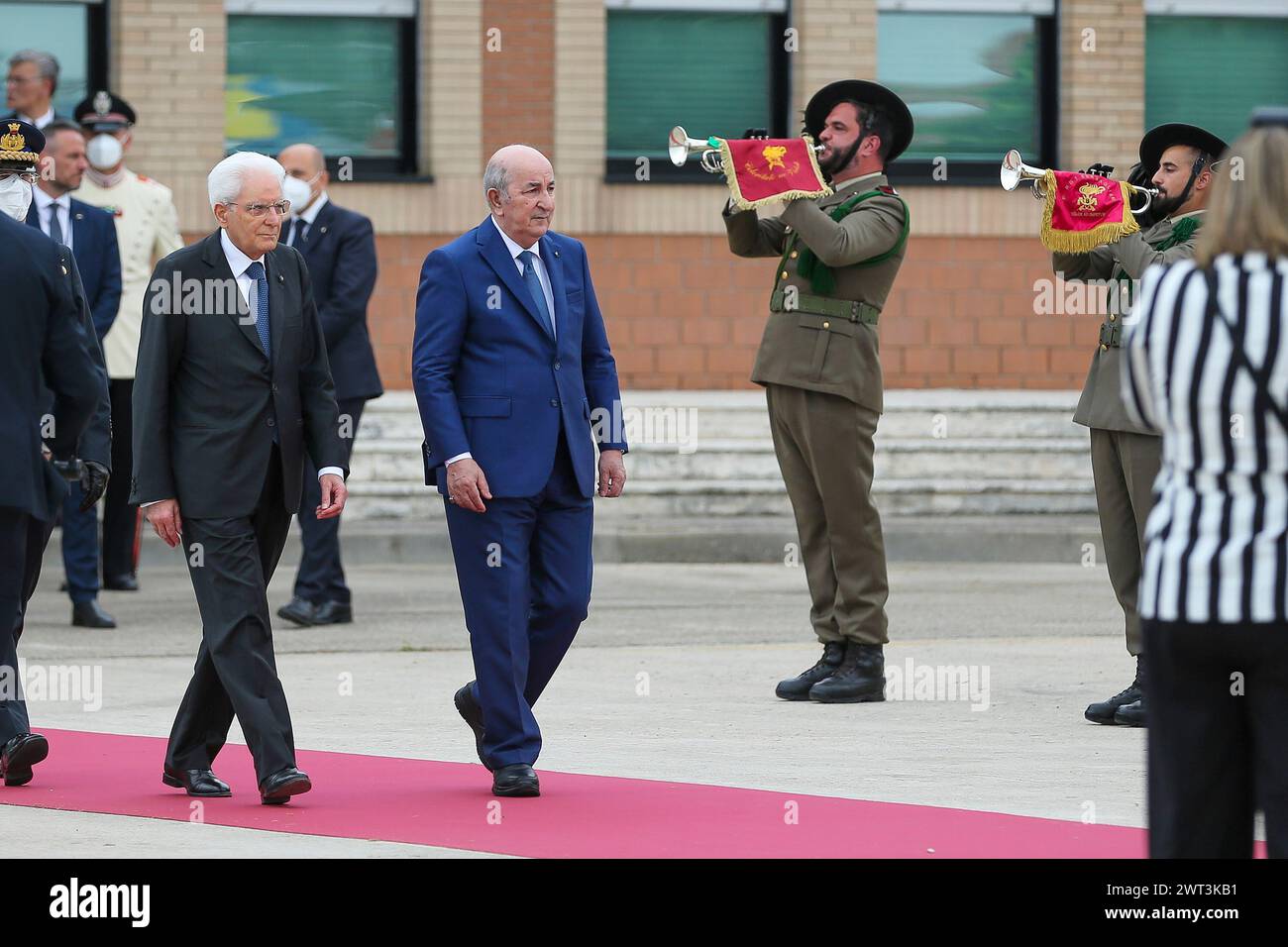 The president of Algeria, Abdelmadjid (right) Tebboune, departing from Naples, arrives at the Capodichino airport for the military honors, together wi Stock Photo