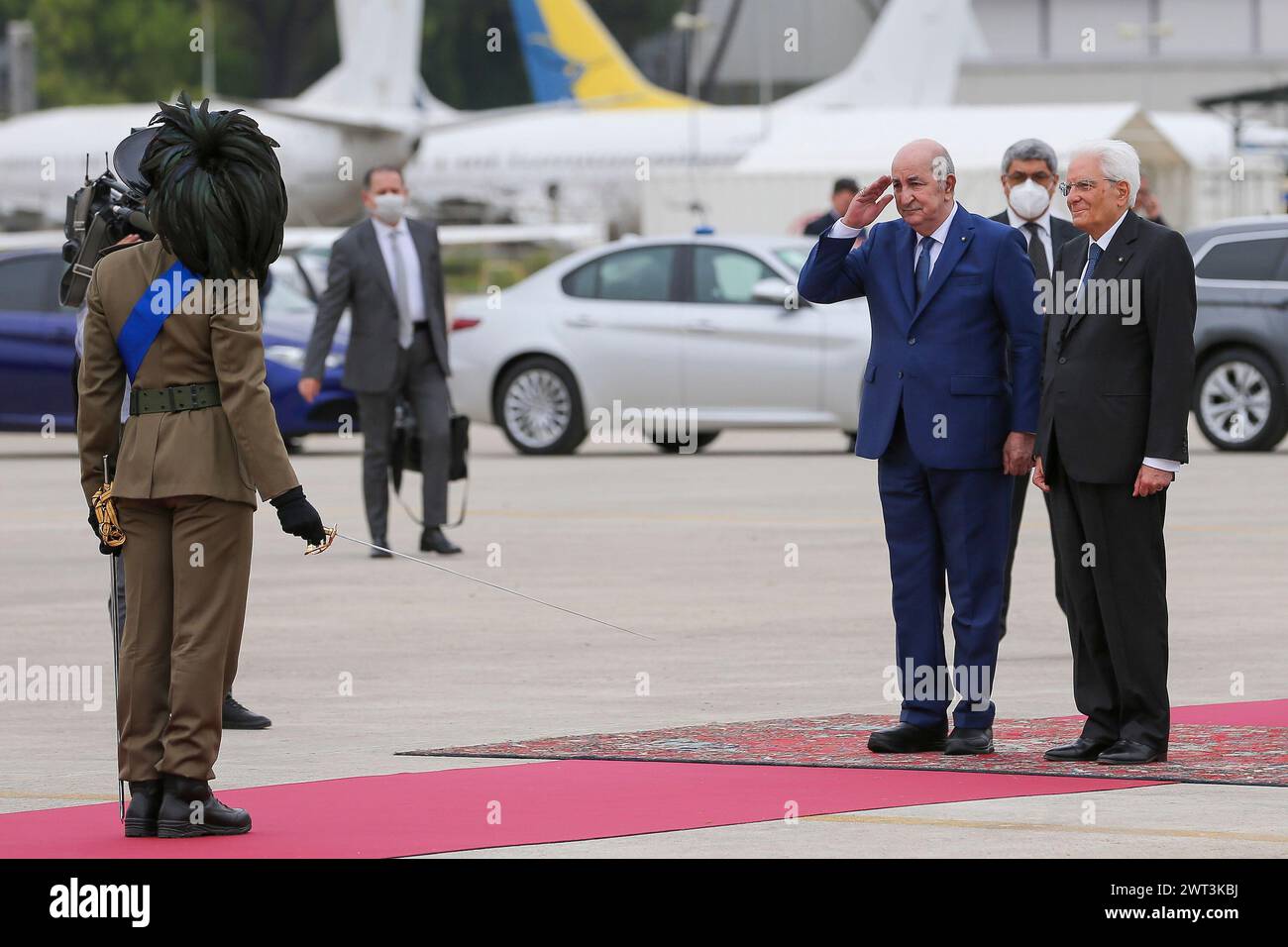 The president of Algeria, Abdelmadjid Tebboune (left), departing from Naples, arrives at the Capodichino airport for the military honors, together wit Stock Photo