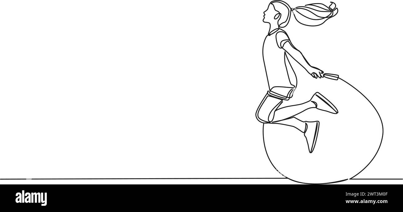 continuous single line drawing of girl skipping rope, line art vector
