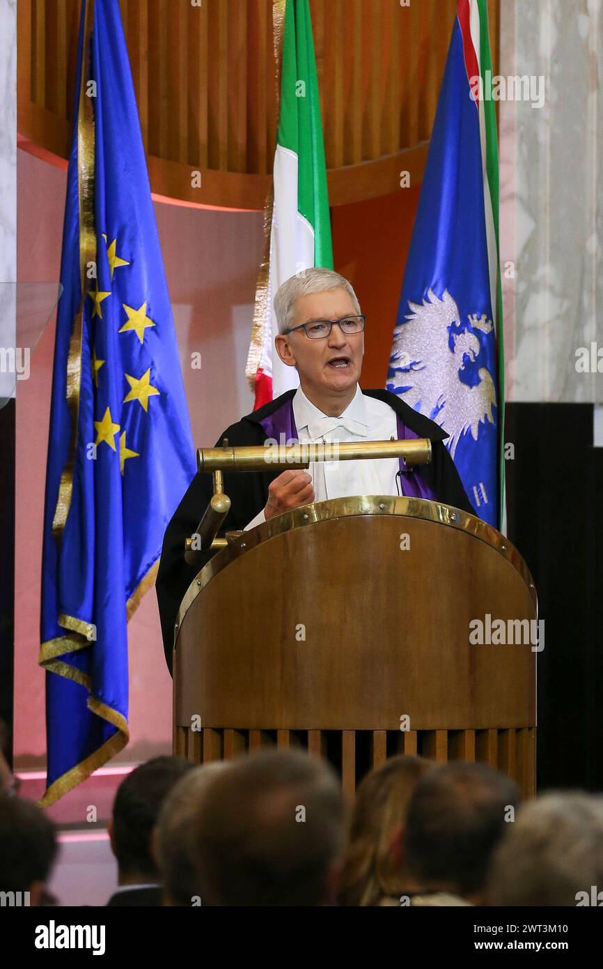 The CEO of Apple, Tim Cook, during the ceremony of the awarding of the honorary degree by the Federico II University of Naples. Stock Photo