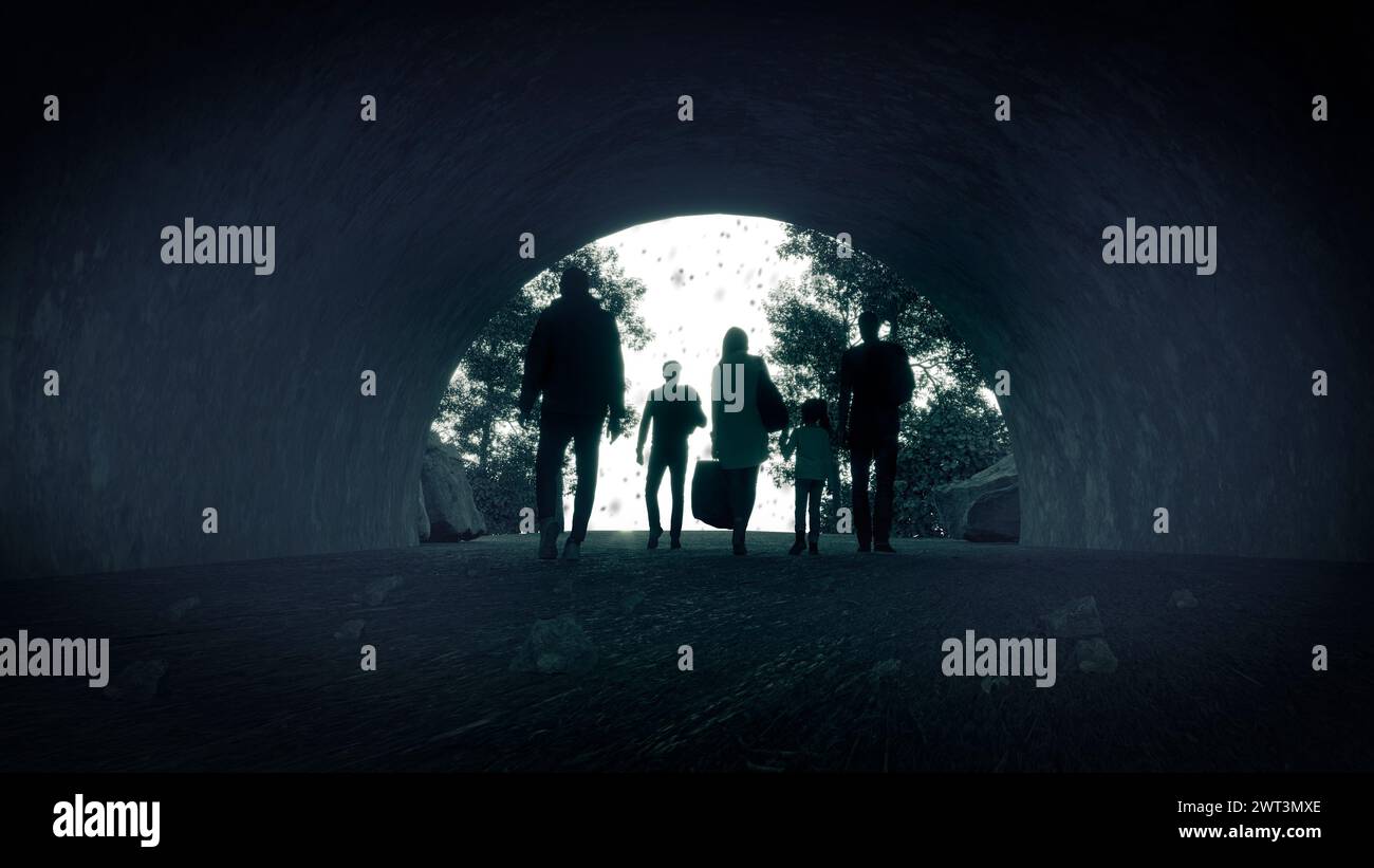 Refugees and immigrants looking for a new hope in life. Silhouette. Column of migrants passing through a tunnel. Abandon their lands Stock Photo