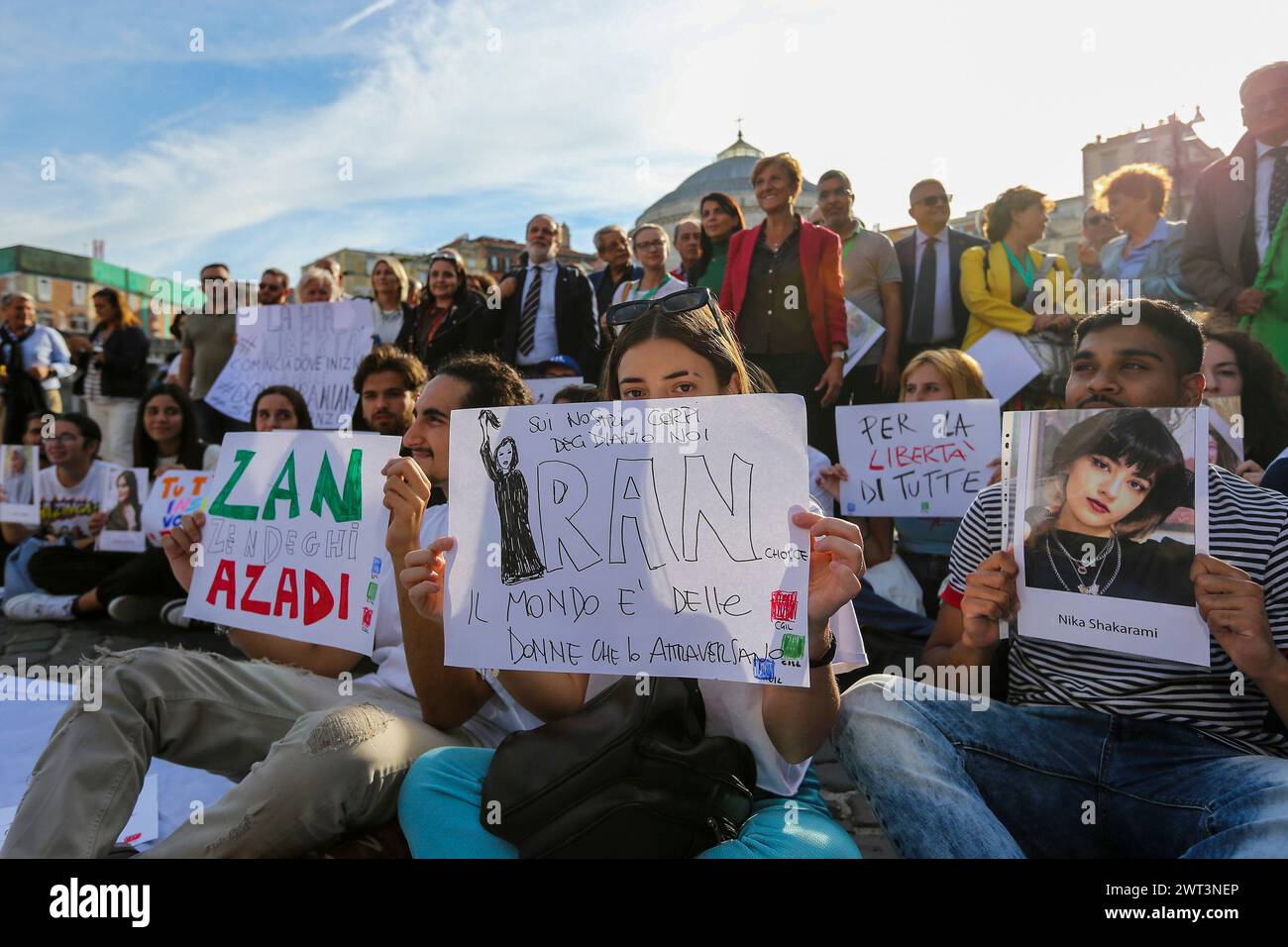 People with placards and photographs of Iranian women, during the ...