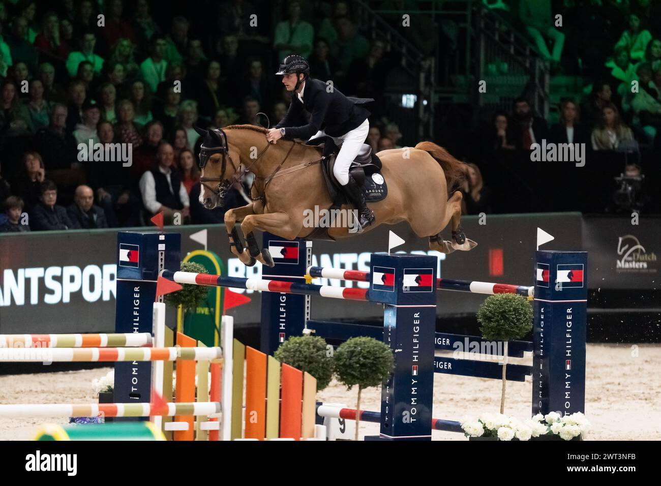 Denbosch, Netherlands - March 10, 2024. Richard Vogel of Germany riding Cepano Baloubet competes in the 1.60m Rolex Grand Prix at the 2024 Rolex Dutch Stock Photo