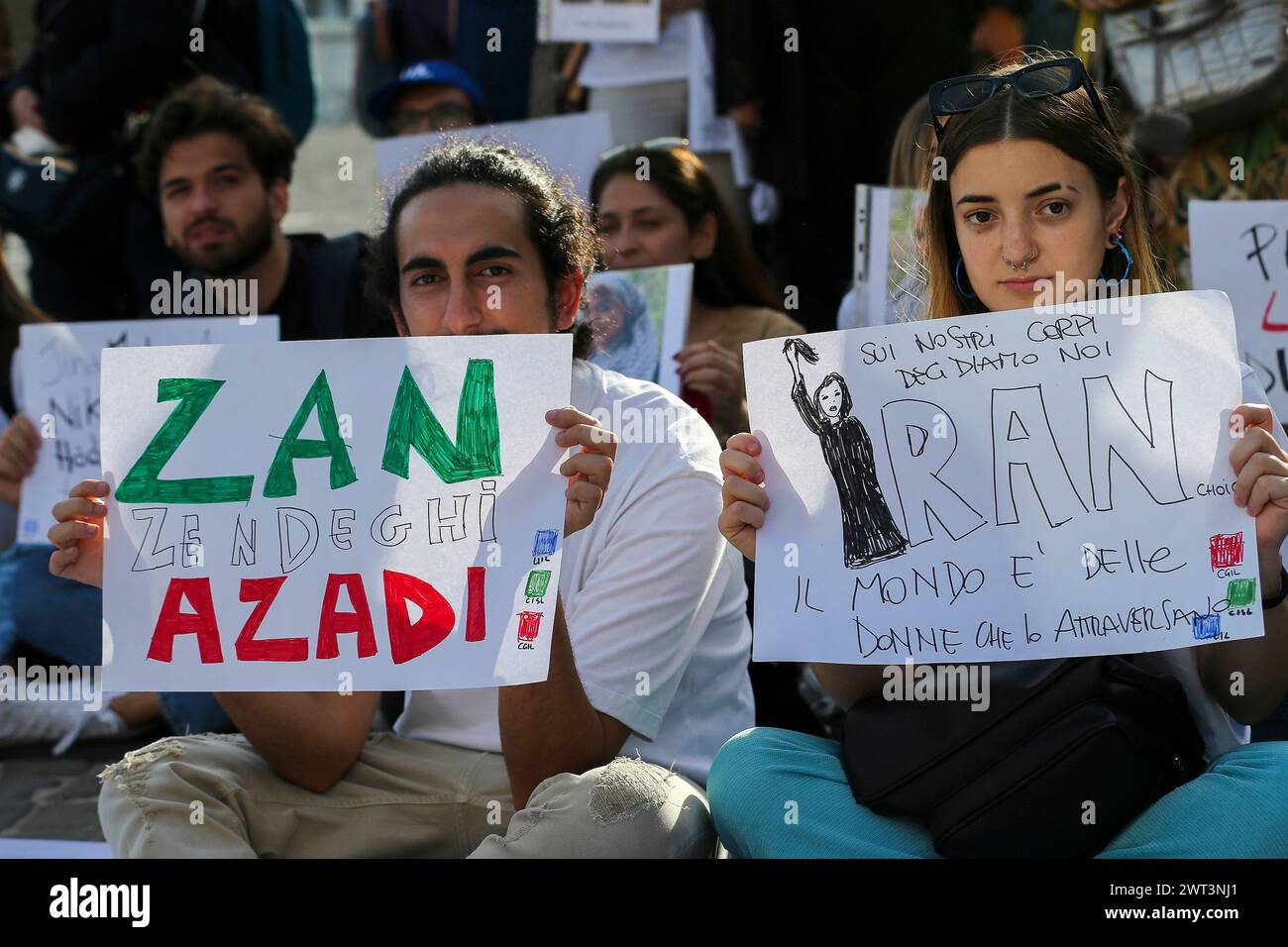People with placards, during the demonstration in Naples for the ...
