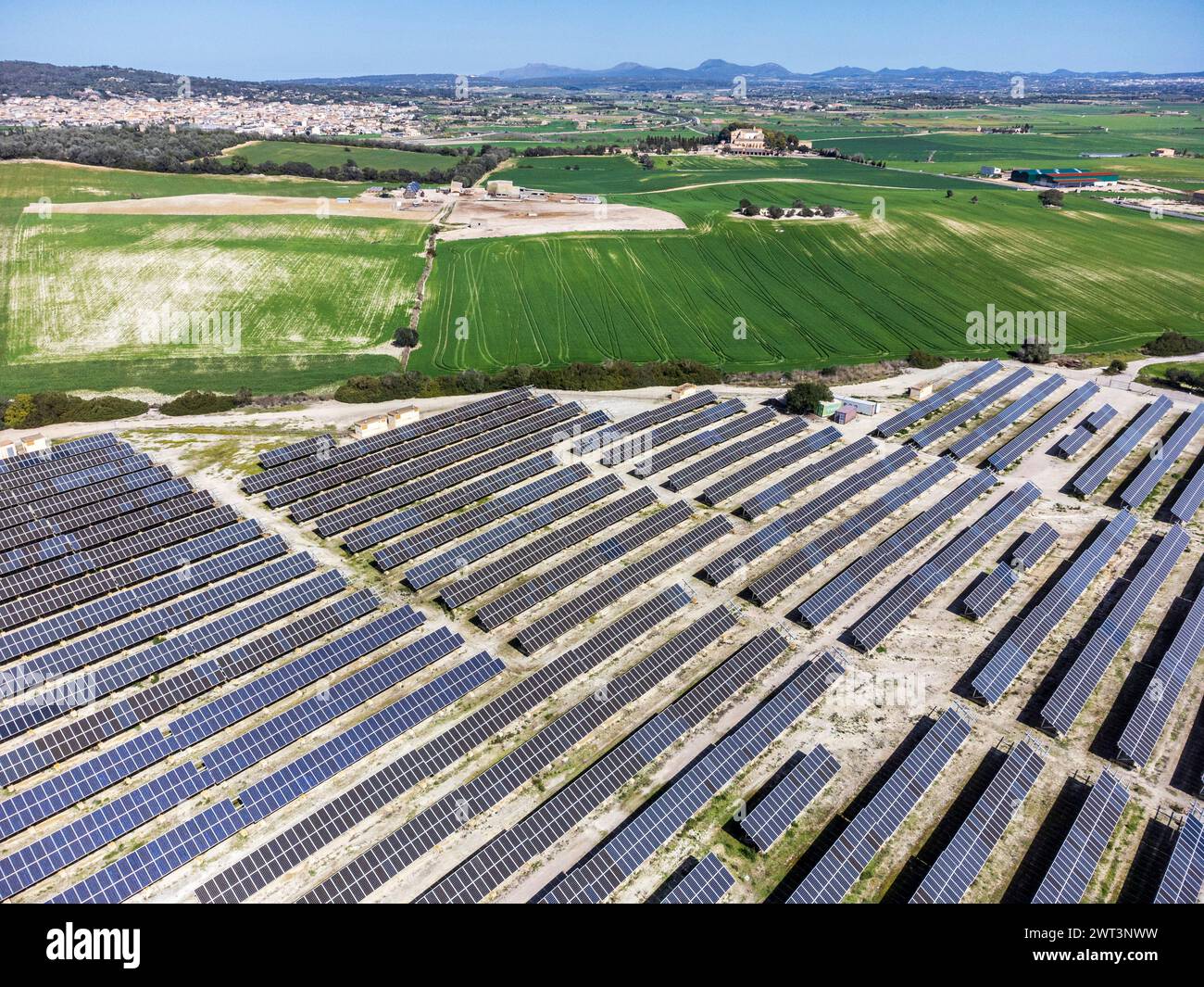 photovoltaic plant between crop fields, Villafranca de Bonany, Majorca, Balearic Islands, Spain Stock Photo