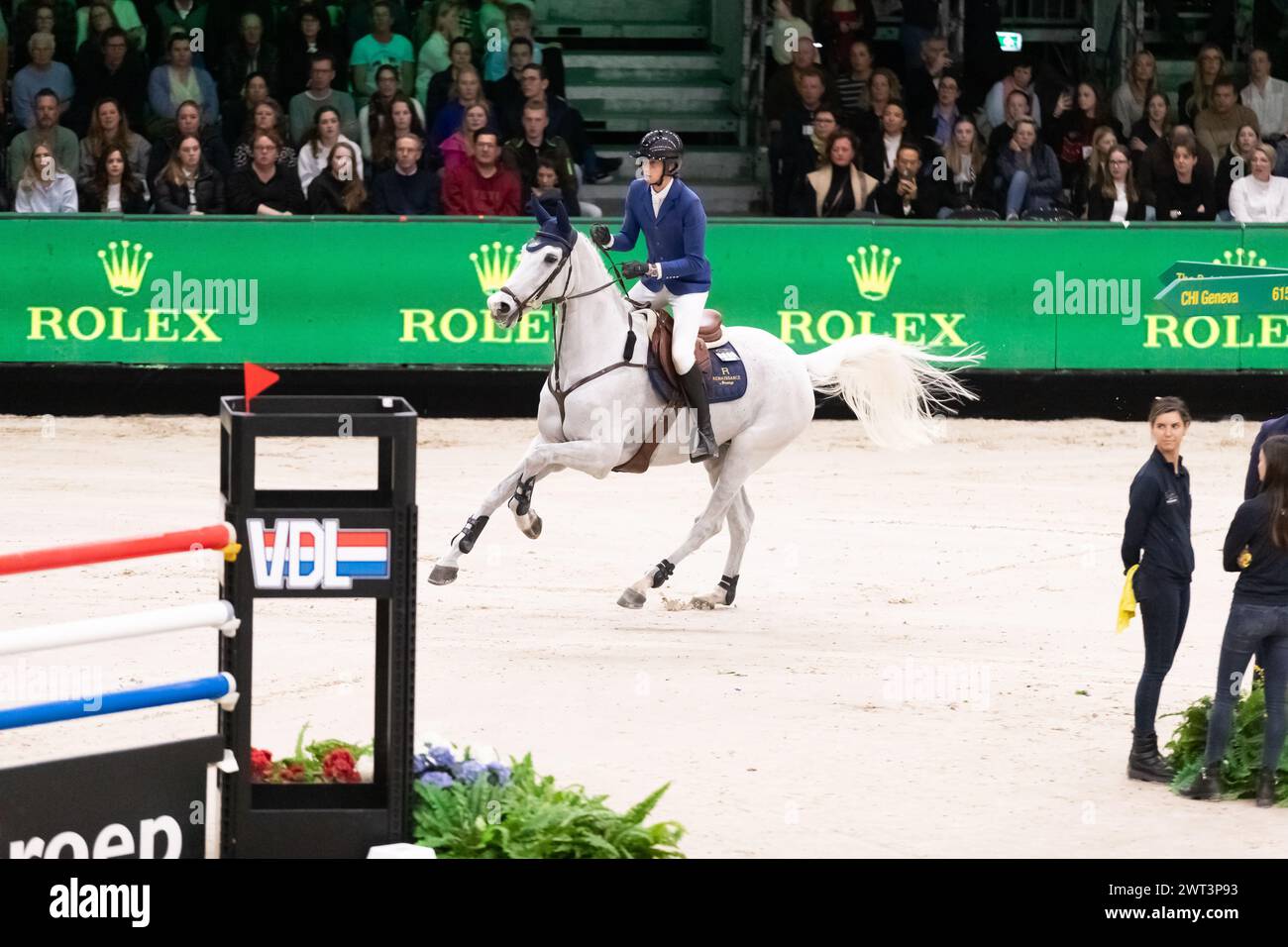Denbosch, Netherlands - March 10, 2024. Martin Fuchs of Switzerland and riding Leoni Jei competes in the 1.60m Rolex Grand Prix at the 2024 Rolex Dutc Stock Photo