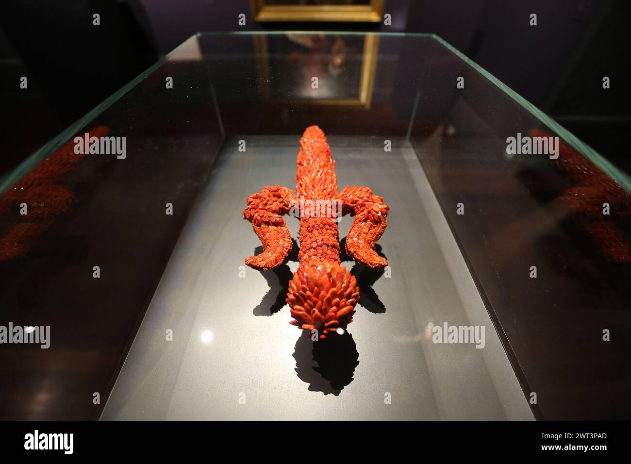 A coral dagger, by the artist Jan Fabre, in the 'Red Gold' exhibition, in the Capodimonte museum in Naples. Stock Photo