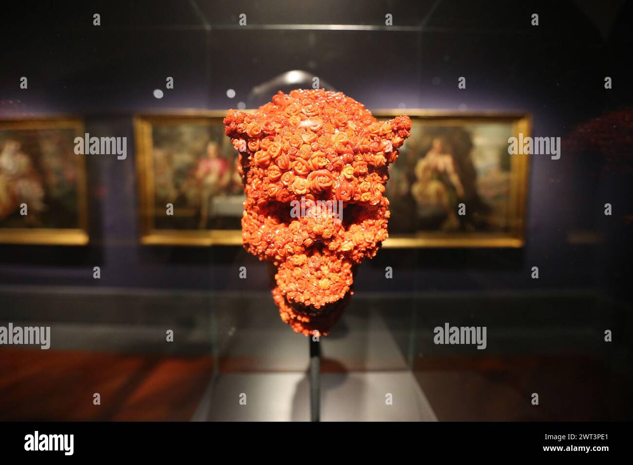 A coral skull, by the artist Jan Fabre, in the 'Red Gold' exhibition, in the Capodimonte museum in Naples. Stock Photo