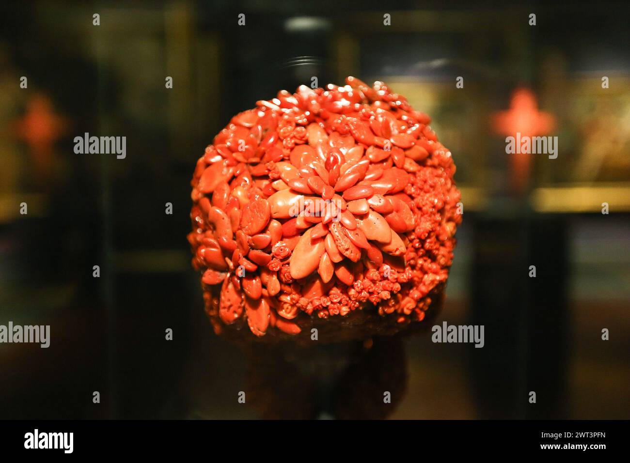 A coral skull, from back, by the artist Jan Fabre, in the 'Red Gold' exhibition, in the Capodimonte museum in Naples. Stock Photo