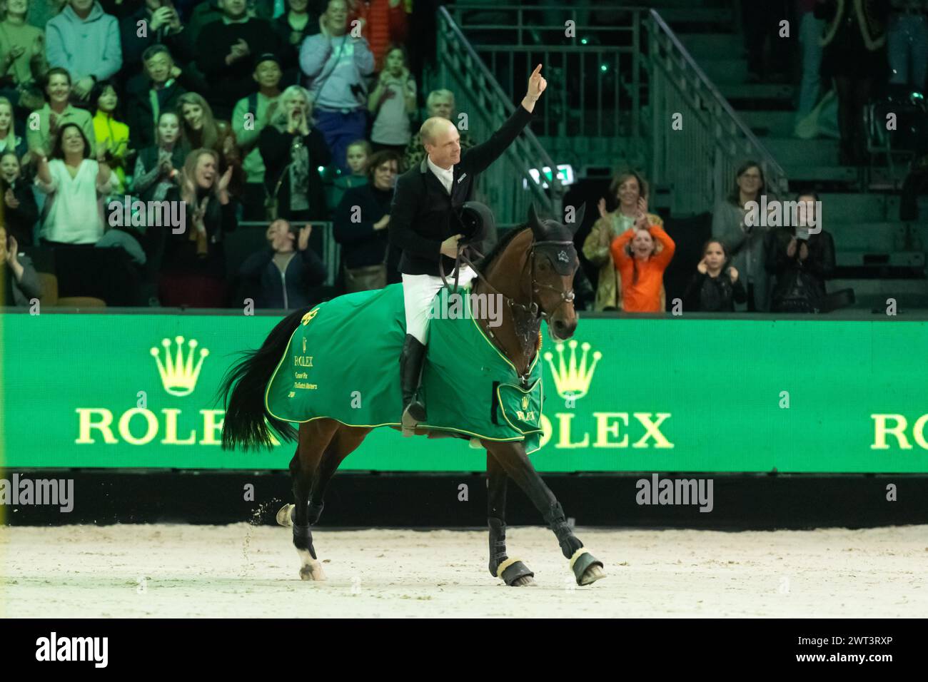 DenBosch, Netherlands - March 10, 2024. Willem Greve of the Netherlands riding 12 year old stallion Highway TN T.O.P. becomes the first Dutch rider to Stock Photo