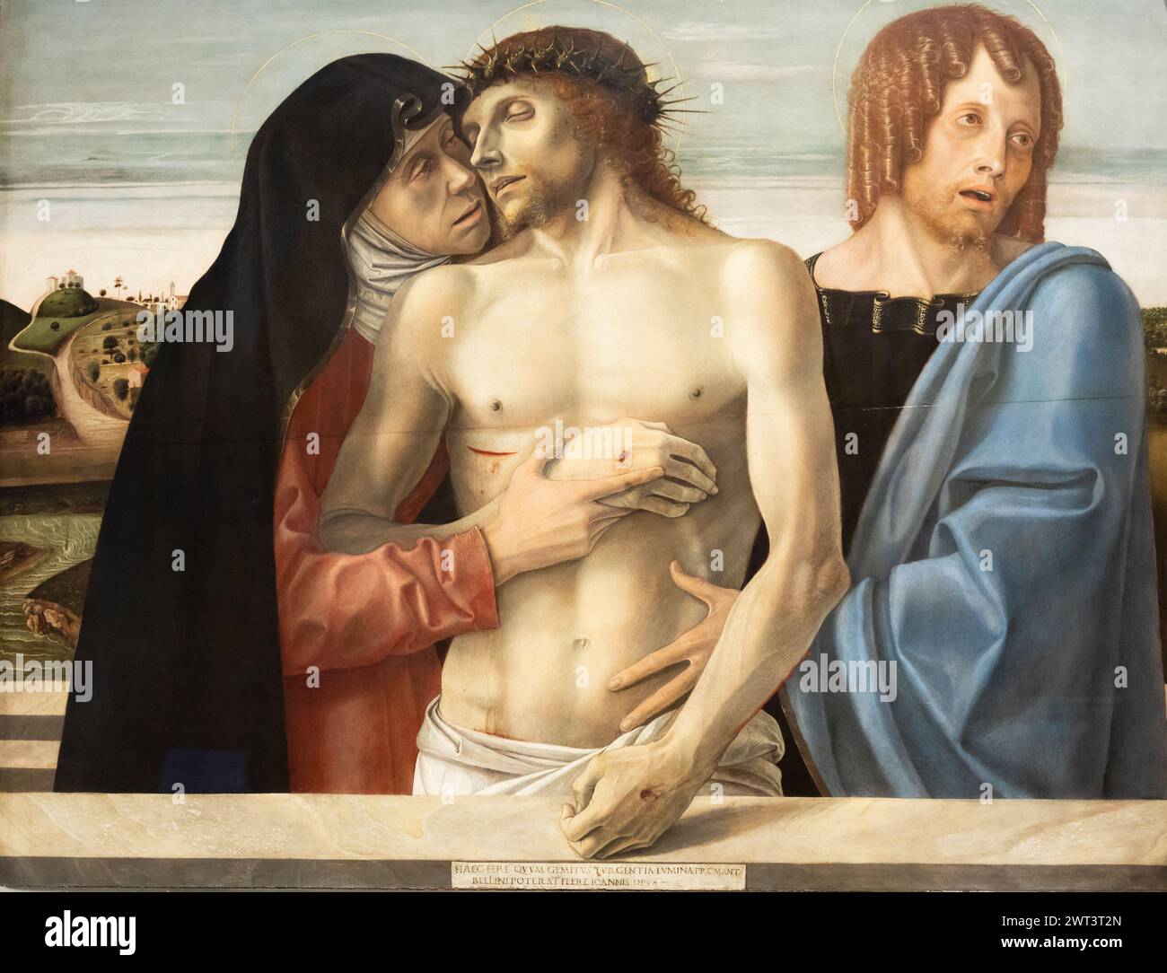 Milan, Italy - 23 September 2023: Brera antique painting museum. The pity, Pietà, by Giovanni Bellini, 1460 Stock Photo