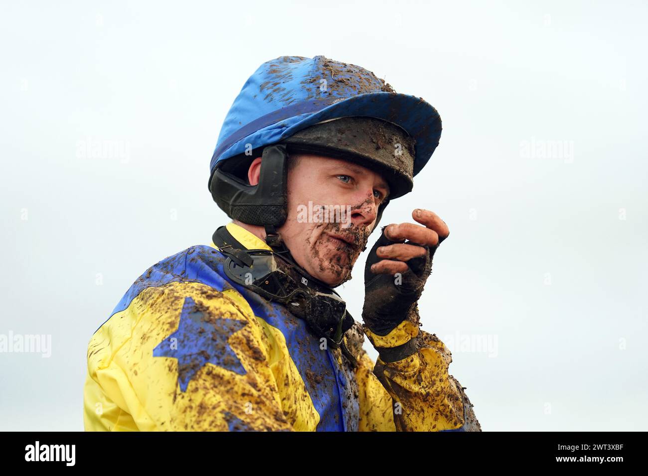 Shane Fitzgerald covered in mud following the Martin Pipe Conditional Jockeys' Handicap Hurdle on day four of the 2024 Cheltenham Festival at Cheltenham Racecourse. Picture date: Friday March 15, 2024. Stock Photo