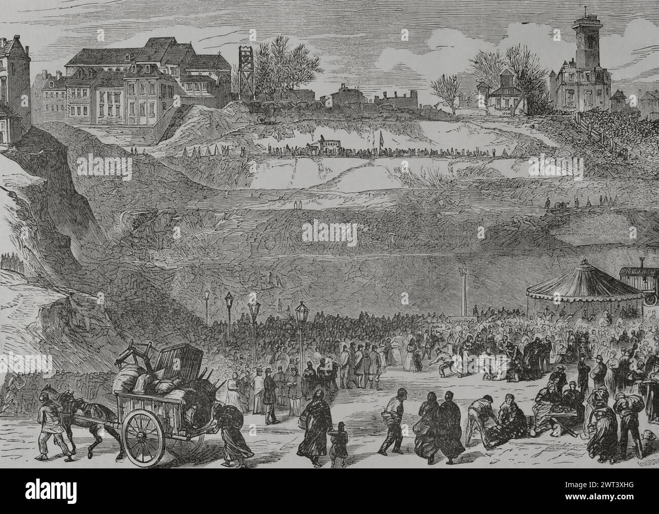 France. Paris Commune. Popular revolutionary movement that took power in Paris from 18 March to 28 May 1871, during the Franco-Prussian War. Positions occupied by the communards on the heights of Montmartre. Engraving by Ricord. 'Historia de la Guerra de Francia y Prusia' (History of the War between France and Prussia). Volume II. Published in Barcelona, 1871. Author: Manuel Ricord. 19th-century Spanish engraver. Stock Photo
