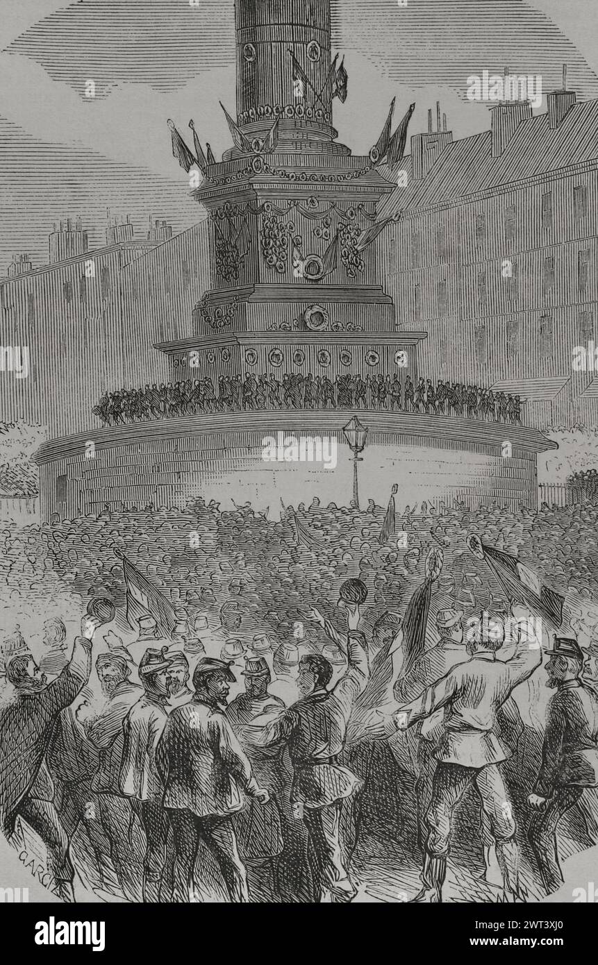 France. Paris Commune. Popular revolutionary movement that took power in Paris from 18 March to 28 May 1871, during the Franco-Prussian War. Riots in the Place de la Bastille. Engraving. 'Historia de la Guerra de Francia y Prusia' (History of the War between France and Prussia). Volume II. Published in Barcelona, 1871. Stock Photo