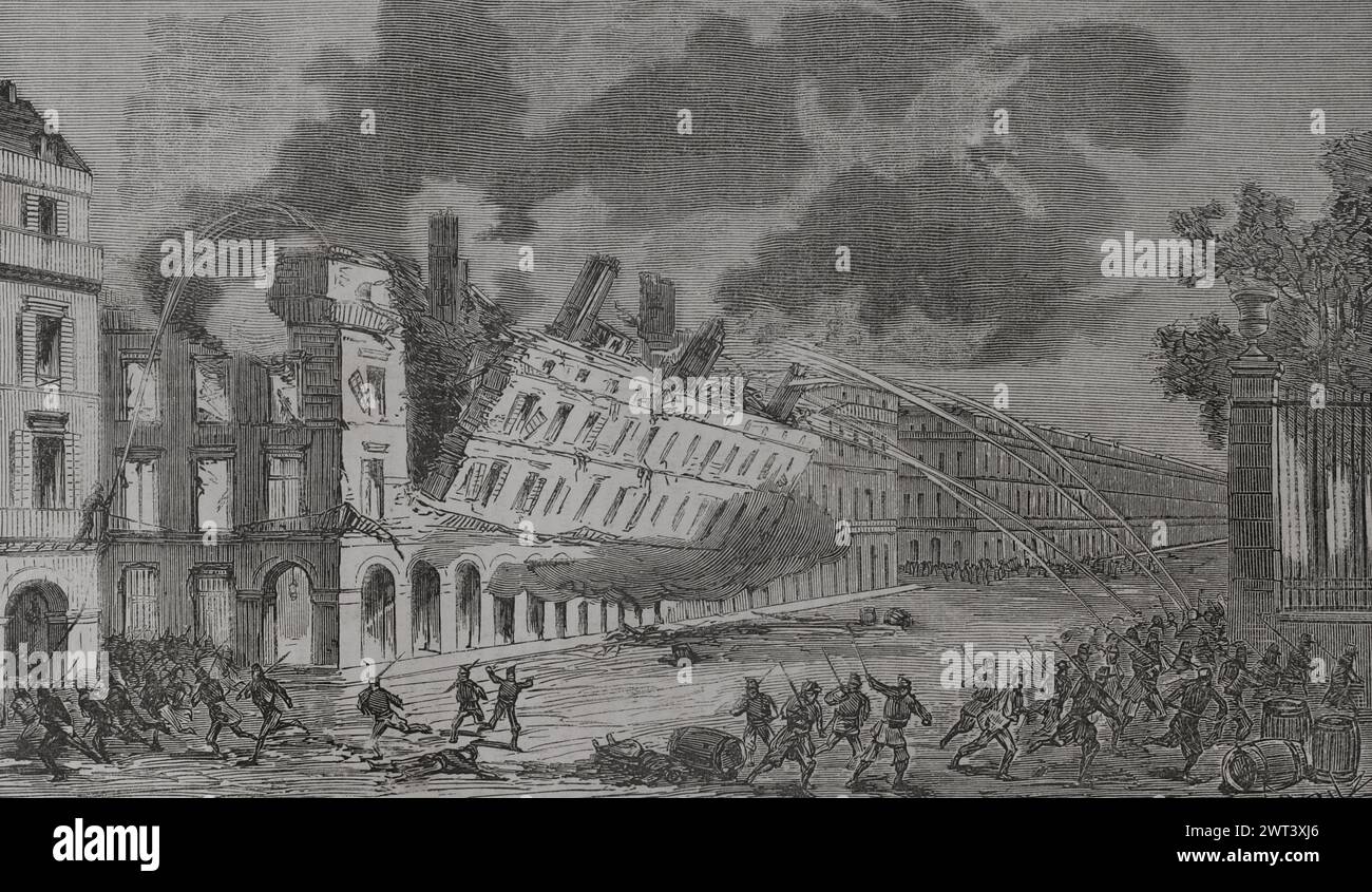 France. Paris Commune. Popular revolutionary movement that took power in Paris from 18 March to 28 May 1871, during the Franco-Prussian War. Rue de Rivoli (Rivoli Street) on the afternoon of 25 May 1871. Collapse of the Ministry of Finance building. Engraving by Capuz. 'Historia de la Guerra de Francia y Prusia' (History of the War between France and Prussia). Volume II. Published in Barcelona, 1871. Author: Tomás Carlos Capuz (1834-1899). Spanish engraver. Stock Photo