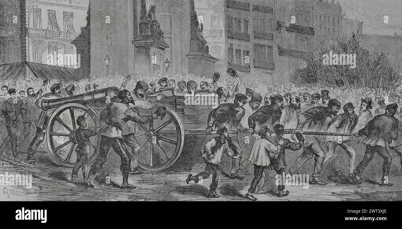 France. Paris Commune. Popular revolutionary movement that took power in Paris from 18 March to 28 May 1871, during the Franco-Prussian War. The insurgents dragging the cannons to Montmartre. Drawing by García. Engraving by Ricord. 'Historia de la Guerra de Francia y Prusia' (History of the War between France and Prussia). Volume II. Published in Barcelona, 1871. Author: Manuel Ricord. 19th-century Spanish engraver. Stock Photo