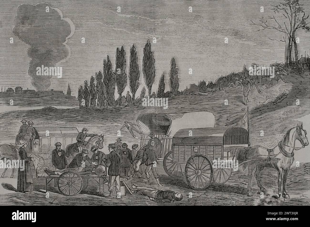 Franco-Prussian War (1870-1871). Burial of the dead by ambulances. Engraving. 'Historia de la Guerra de Francia y Prusia' (History of the War between France and Prussia). Volume II. Published in Barcelona, 1871. Stock Photo