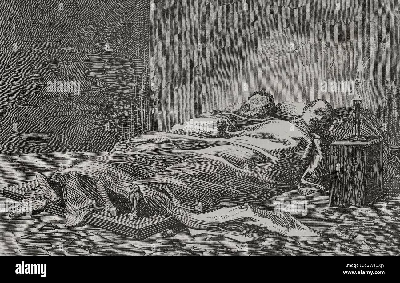 France. Paris Commune. Popular revolutionary movement that took power in Paris from 18 March to 28 May 1871, during the Franco-Prussian War. Corpses of the French generals Claude Lecomte (1817-1871) and Jacques Leon Clément-Thomas (1809-1871). They were pelted with rocks and lynched on 18 March 1871 at the local headquarters of the National Guard, at the ballroom of the Château Rouge, and then taken to 6 Rue des Rosiers in Montmartre by a group called The Committee of Vigilance of the 18th arrondissement, who demanded that they be tried and executed. Engraving by Ovejero. 'Historia de la Guerr Stock Photo