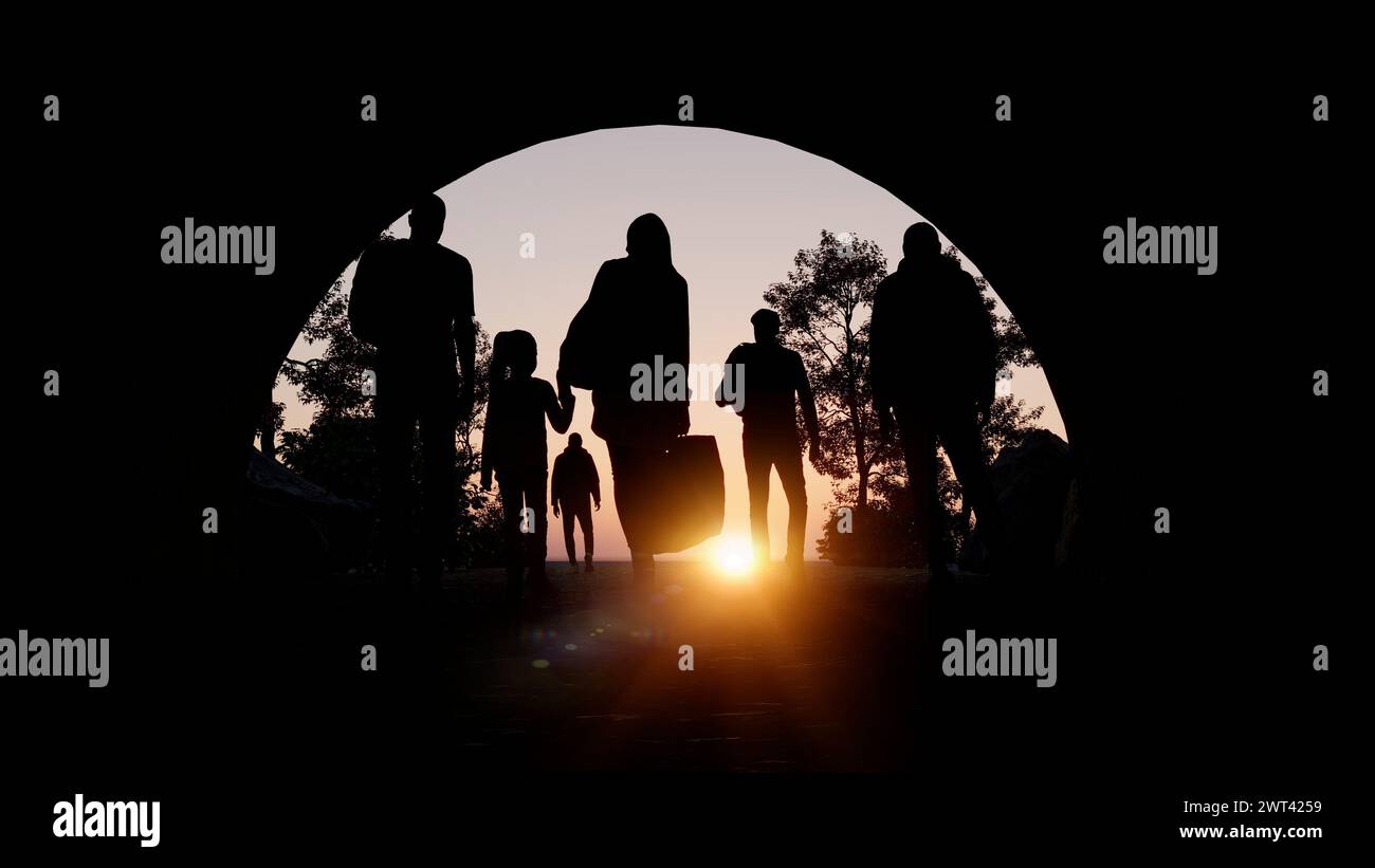 Refugees and immigrants looking for a new hope in life. Silhouette. Column of migrants passing through a tunnel. Abandon their lands Stock Photo