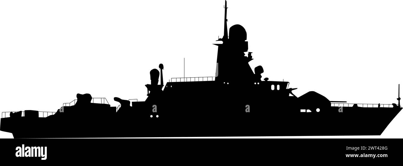 Silhouette on a white background of a ship military destroyer. Stock Vector