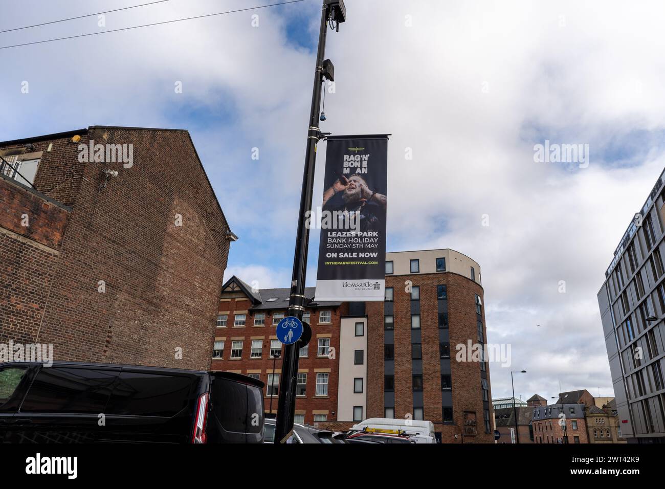 On-street advertising lamp post banner for Rag 'N' Bone Man at In the Park Festival, Newcastle upon Tyne, UK Stock Photo