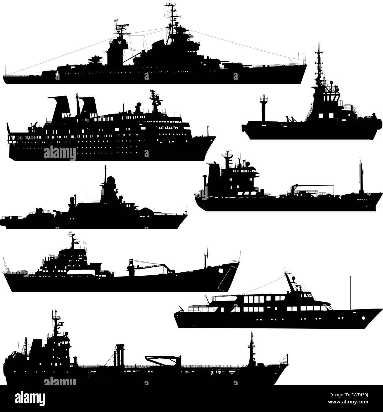 Set silhouette on a white background of a ship military destroyer and a ...