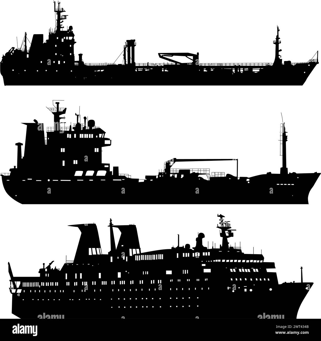 Set silhouette on a white background of a transport ship. Stock Vector