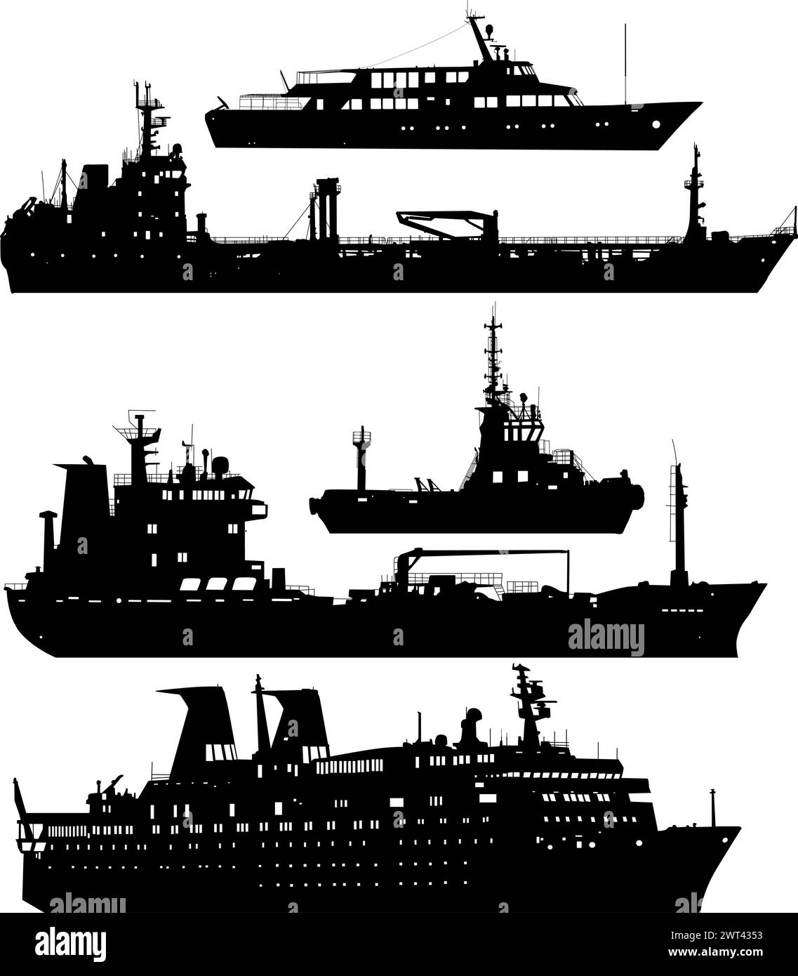 Set silhouette on a white background of a transport ship. Stock Vector