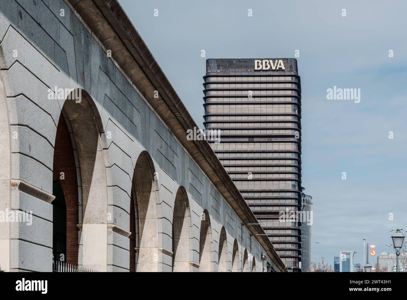 Madrid, Spain - February 11, 2024: BBVA Tower in Nuevos Ministerios area Stock Photo