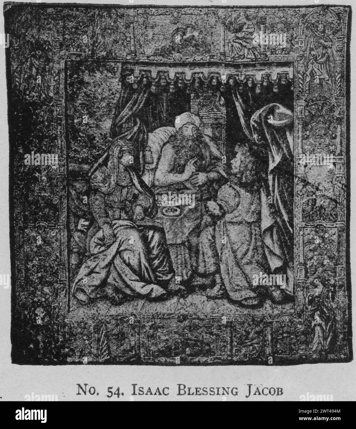 Isaac's blessing of Jacob and Esau. unknown c. 1590-1600 Tapestry Materials/Techniques: unknown Culture: Flemish Weaving Center: unknown In bedchamber, Isaac lying in bed blesses Jacob who, disguised in Esau's clothes, brings food to his father; Jacob's hands & neck are covered with goatskins (Genesis 27) (BRD) segmented border with female allegorical figures standing beneath arches; vases of flowers & fruit, & other decorative elements Related Works: Compositionally similar tapestry: GCPA 0237281 Stock Photo